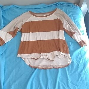 Quarter length sleeves Brown and tan striped shirt